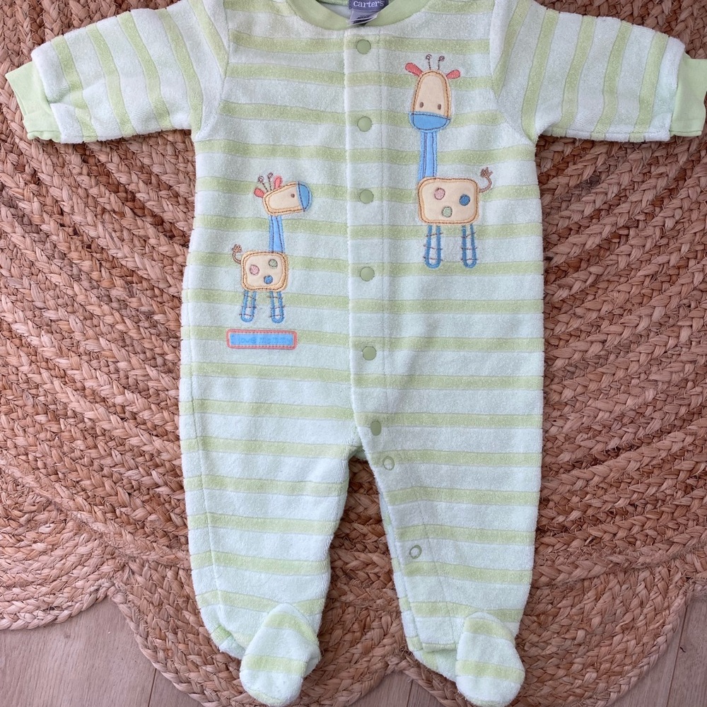 Vintage Carter's Light Green Striped embroidered giraffe footed sleeper